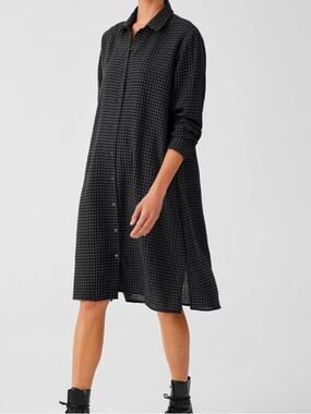 Eileen Fisher Wool Cotton Check Classic Shirtdress  Midi Plaid Black Gray  L